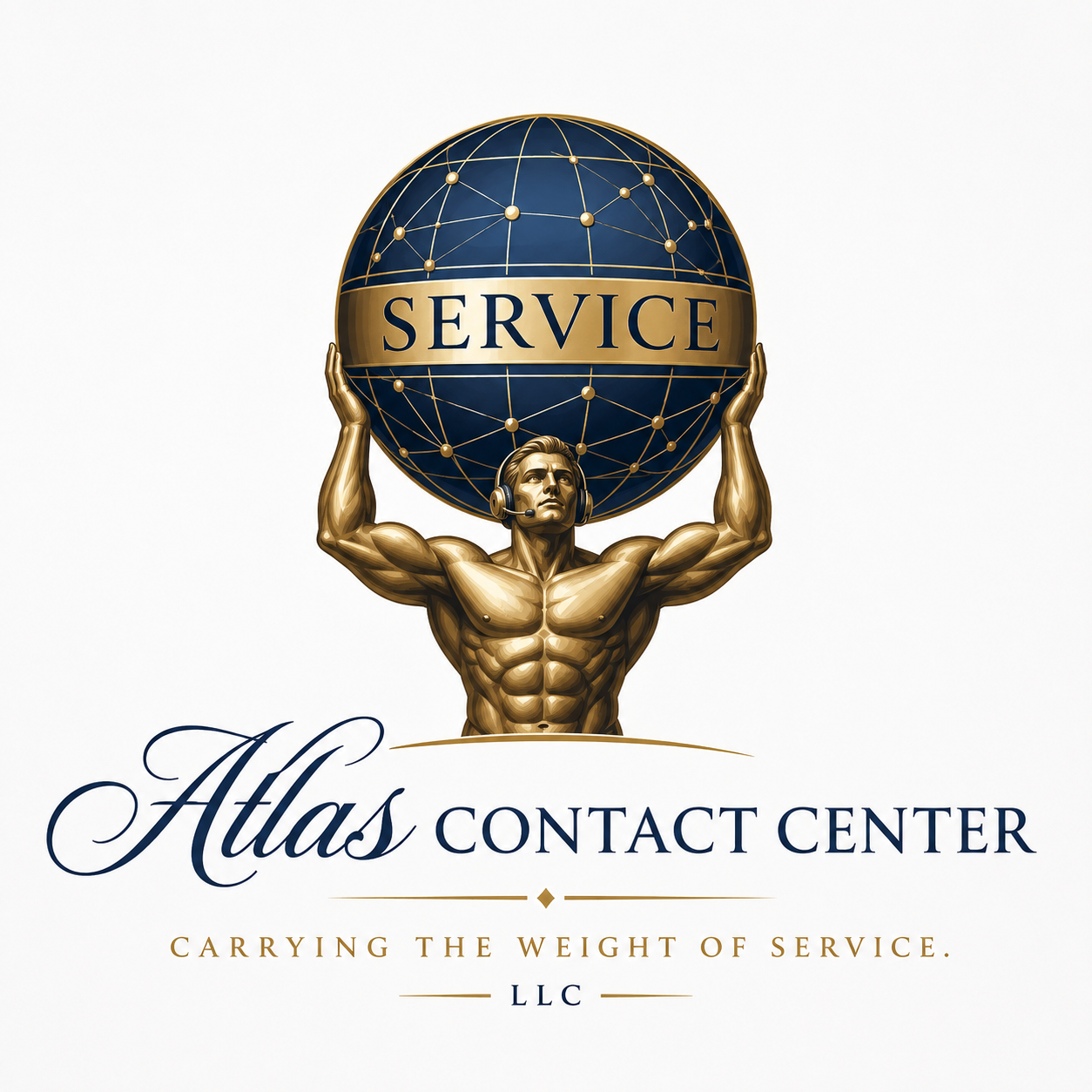 Atlas Contact Center LLC logo: Atlas carrying a globe marked Service